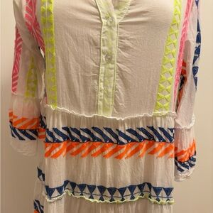 White Long Sleeve Embroidered Tiered Dress with Neon Accents - Size S/M